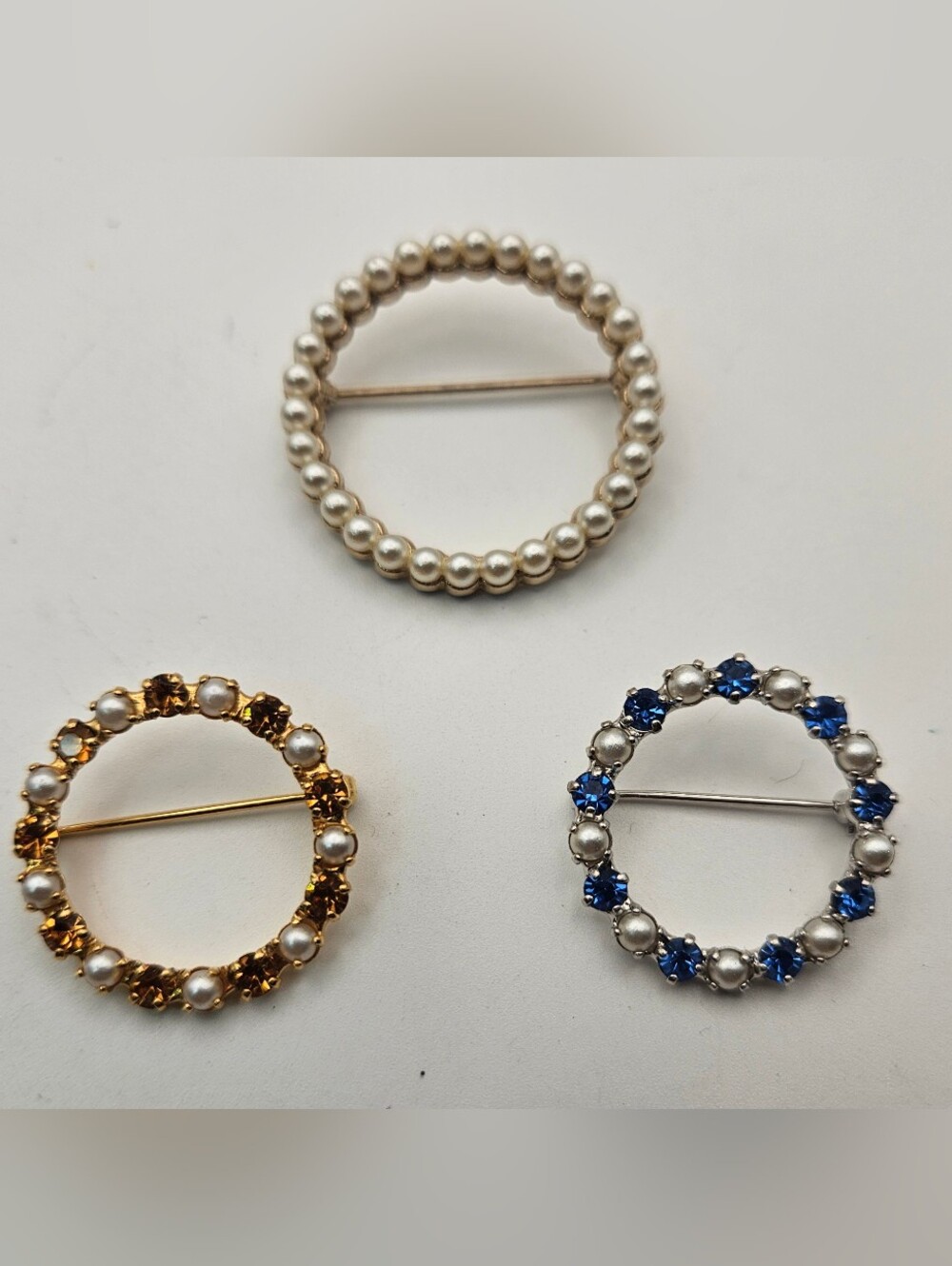 Vintage Circle Pin Brooch Lot 3 Rhinestone Faux Pearl Wreath Gold Silver Tone